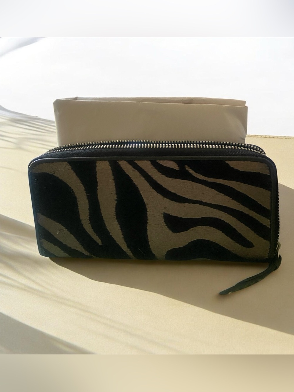 Cole Haan Zebra-Stripe Zip Wallet - Black & Taupe